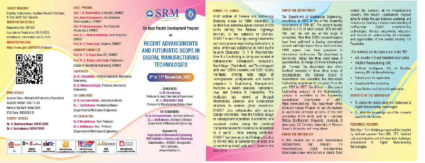 Six Days Faculty Development Programme on Recent advancements and Futuristic Scope in Digital Manufacturing Technologies 2023